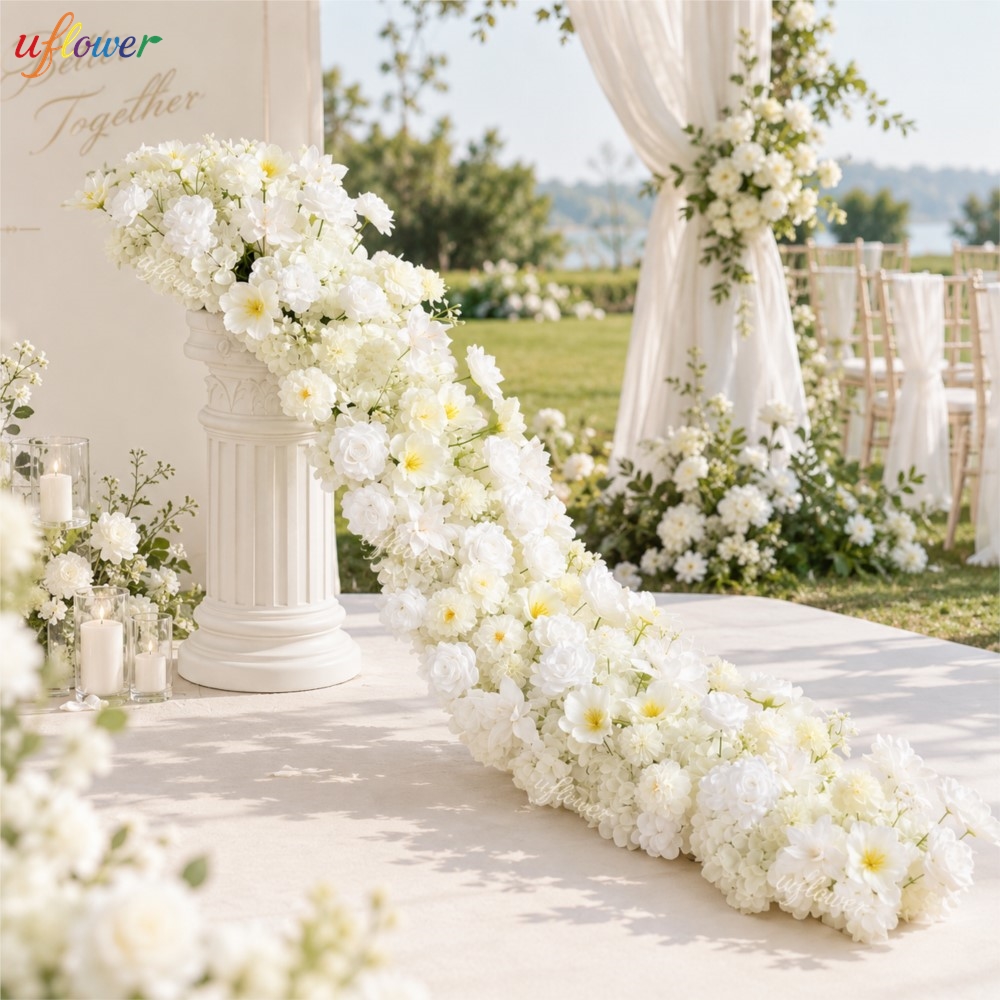 Table Runner - Uflower White Rose Hydrangea Artificial Flower